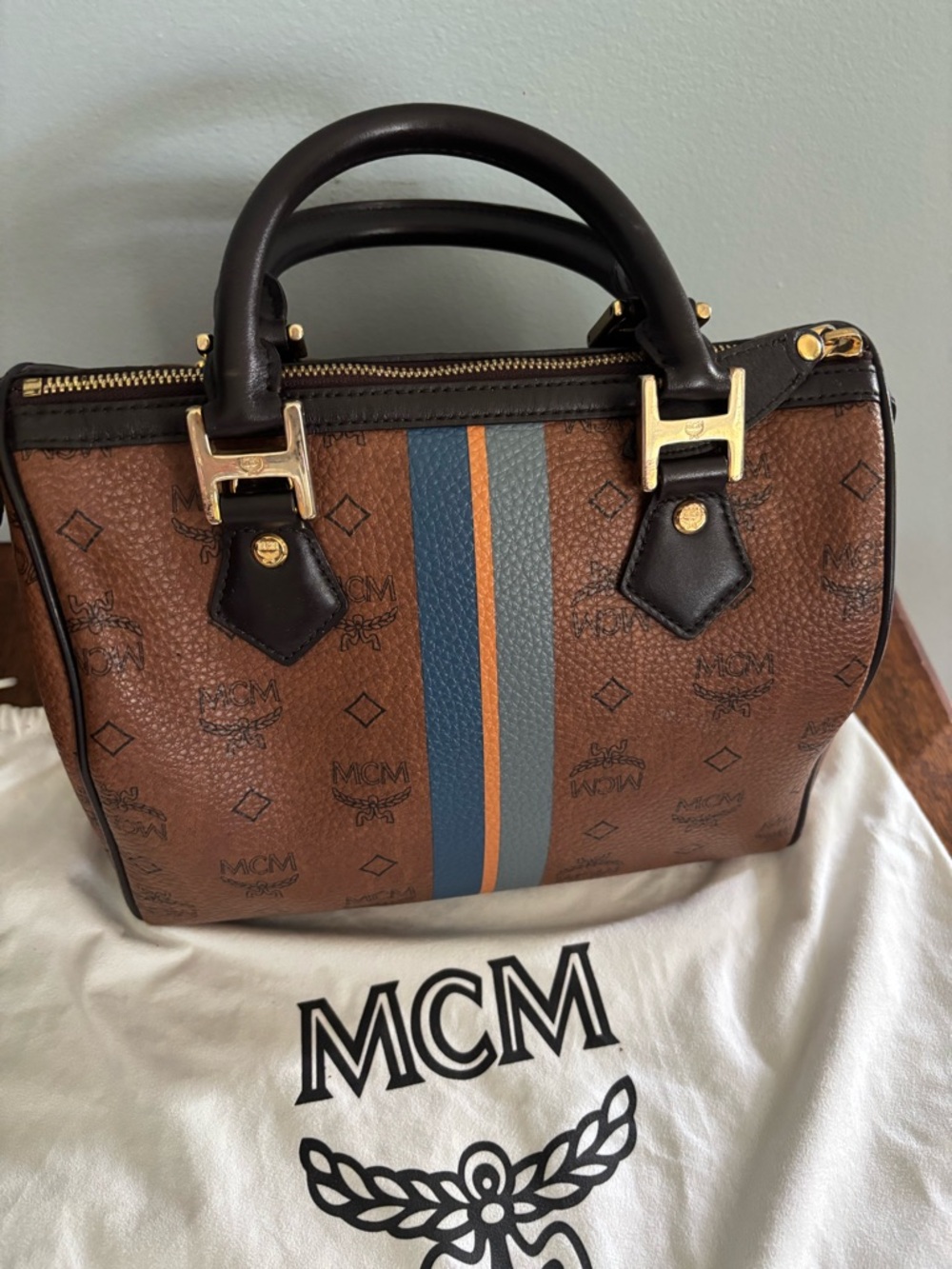 MCM Brown Visetos Satchel with Blue and Orange Stripe - Picture 2 of 13